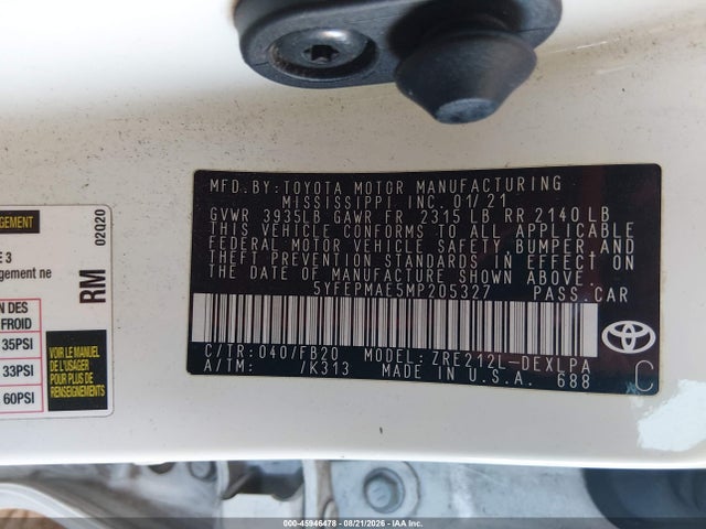 Toyota COROLLA LE 2021 5YFEPMAE5MP205327 Image 9