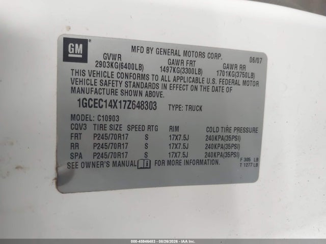 Продаж на аукціоні авто 2007 Chevrolet Silverado 1500 Work Truck, vin: 1GCEC14X17Z648303, номер лоту: 45946483