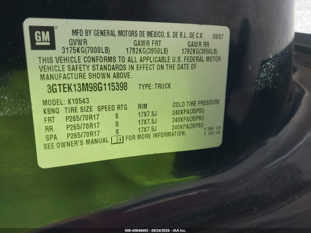 Aukcja sprzedaży 2008 Gmc Sierra 1500 Sle1, vin: 3GTEK13M98G115398, numer aukcji: 45946492
