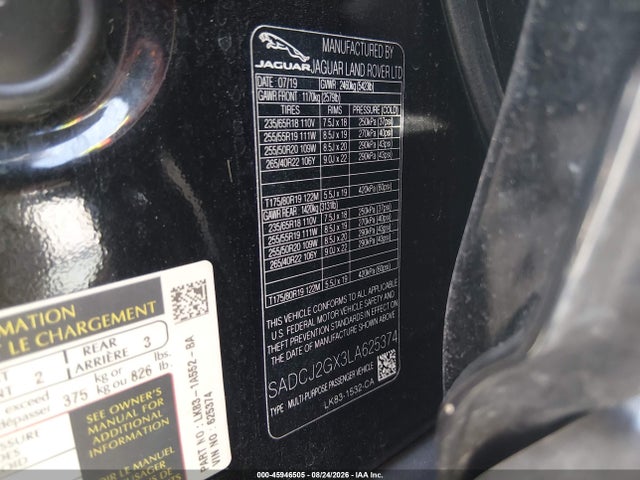 45946505 :رقم المزاد ، SADCJ2GX3LA625374 vin ، 2020 Jaguar F-pace Premium P300 Awd Automatic مزاد بيع