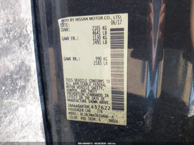 45946513 :رقم المزاد ، 1N4AA6AP3HC437622 vin ، 2017 Nissan Maxima 3.5 Platinum مزاد بيع