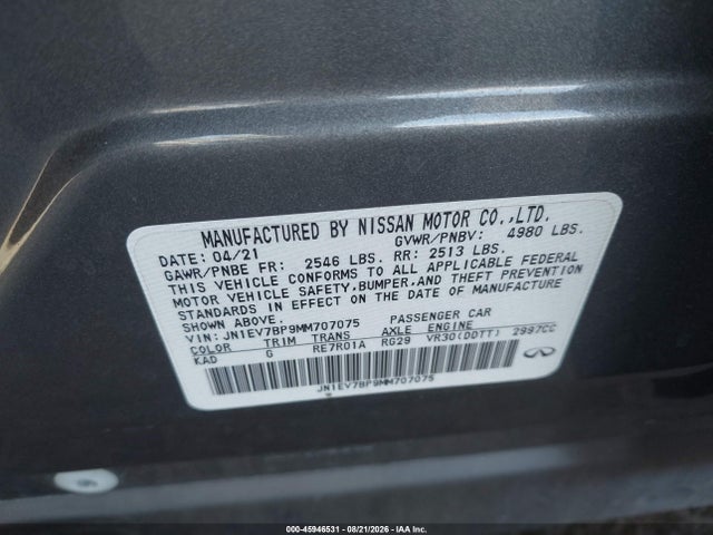 Продажа на аукционе авто 2021 Infiniti Q50 Luxe, vin: JN1EV7BP9MM707075, номер лота: 45946531
