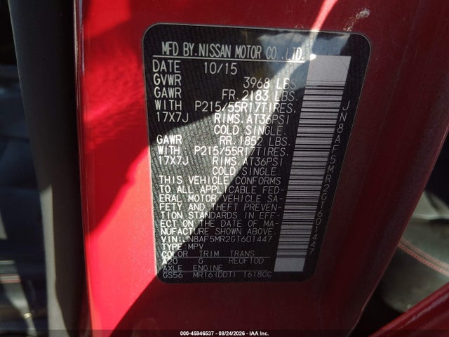 Aukcja sprzedaży 2016 Nissan Juke Sl, vin: JN8AF5MR2GT601447, numer aukcji: 45946537