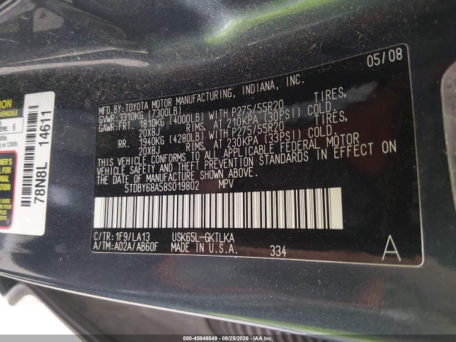 45946549 :رقم المزاد ، 5TDBY68A58S019802 vin ، 2008 Toyota Sequoia Limited 5.7l V8 مزاد بيع
