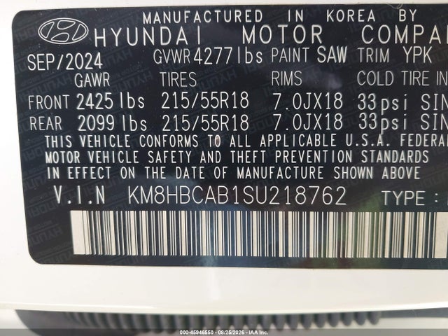 Продажа на аукционе авто 2025 Hyundai Kona Sel, vin: KM8HBCAB1SU218762, номер лота: 45946550
