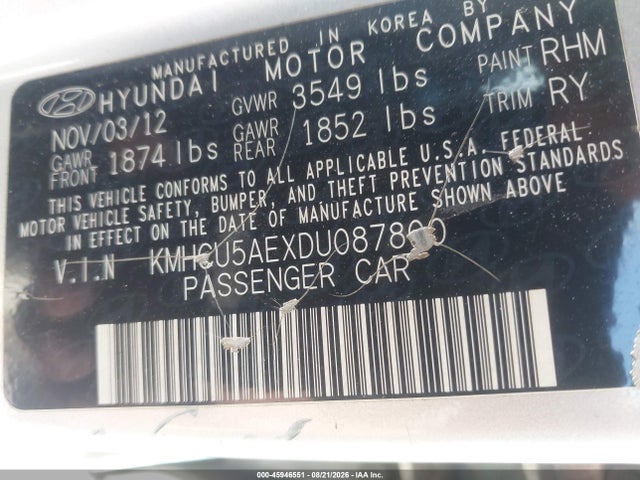 45946551 :رقم المزاد ، KMHCU5AEXDU087800 vin ، 2013 Hyundai Accent Se مزاد بيع