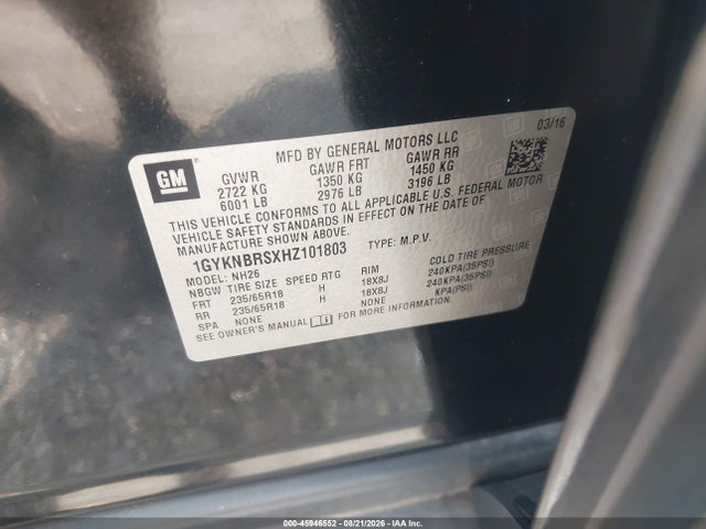 Продаж на аукціоні авто 2017 Cadillac Xt5 Luxury, vin: 1GYKNBRSXHZ101803, номер лоту: 45946552