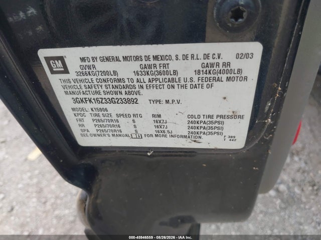 45946559 :رقم المزاد ، 3GKFK16Z33G233892 vin ، 2003 Gmc Yukon Xl 1500 Slt مزاد بيع