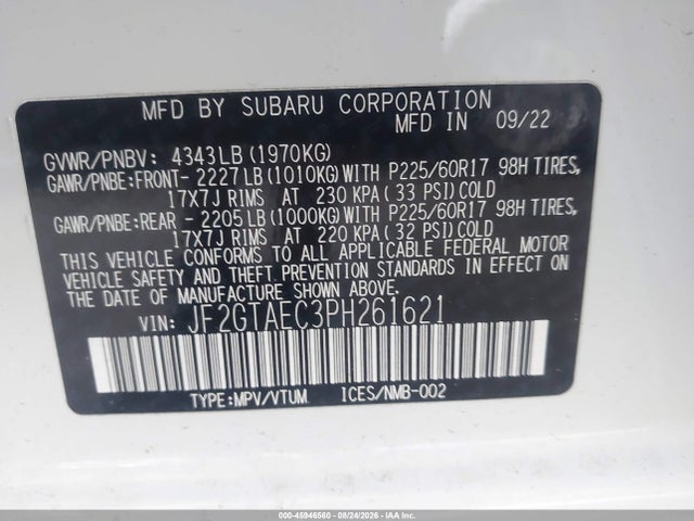 Aukcja sprzedaży 2023 Subaru Crosstrek Premium, vin: JF2GTAEC3PH261621, numer aukcji: 45946560
