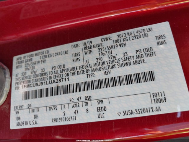 45946568 :رقم المزاد ، 1FMCU9J91LUA28711 vin ، 2020 Ford Escape Titanium مزاد بيع