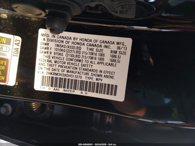 Auction sale of the 2013 Honda Cr-v Lx, vin: 2HKRM3H3XDH515270, lot number: 45946581