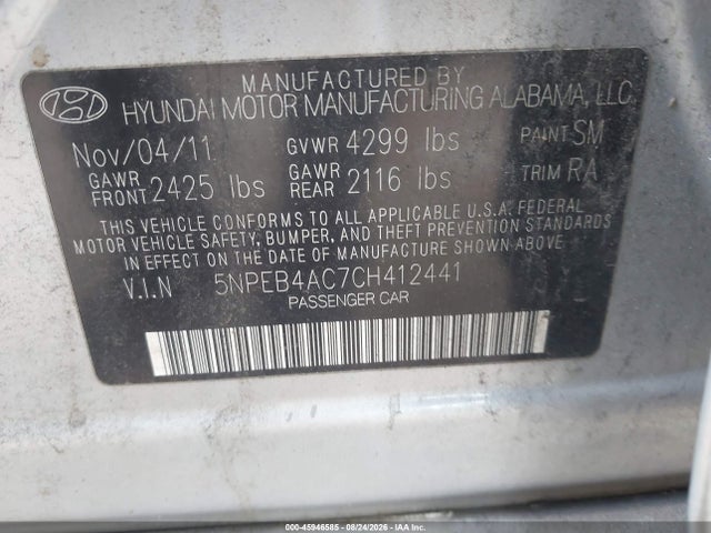 Aukcja sprzedaży 2012 Hyundai Sonata Gls, vin: 5NPEB4AC7CH412441, numer aukcji: 45946585