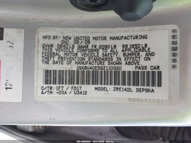 45946587 :رقم المزاد ، 1NXBU40E59Z110320 vin ، 2009 Toyota Corolla S مزاد بيع