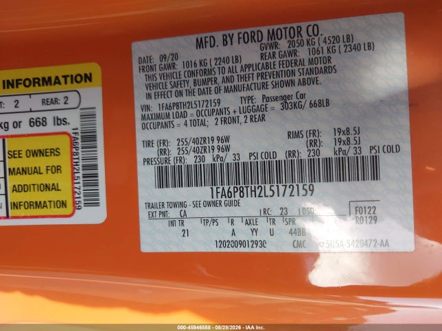 Продажа на аукционе авто 2020 Ford Mustang Ecoboost Fastback, vin: 1FA6P8TH2L5172159, номер лота: 45946588