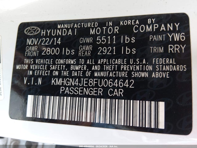 45946594 :رقم المزاد ، KMHGN4JE8FU064642 vin ، 2015 Hyundai Genesis 3.8 مزاد بيع