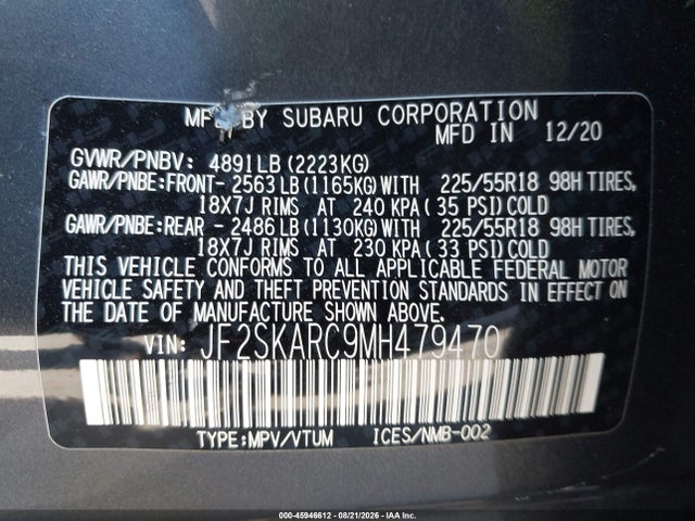 45946612 :رقم المزاد ، JF2SKARC9MH479470 vin ، 2021 Subaru Forester Sport مزاد بيع
