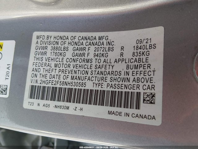 2HGFE2F58NH530585 Honda Civic Sport