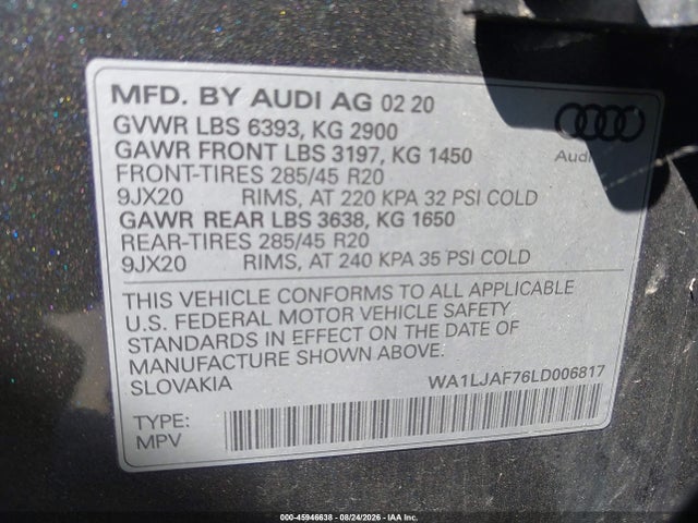 Aukcja sprzedaży 2020 Audi Q7 Premium Plus 45 Tfsi Quattro Tiptronic, vin: WA1LJAF76LD006817, numer aukcji: 45946638