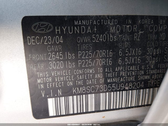 Aukcja sprzedaży 2005 Hyundai Santa Fe Gls, vin: KM8SC73D55U948204, numer aukcji: 45946641