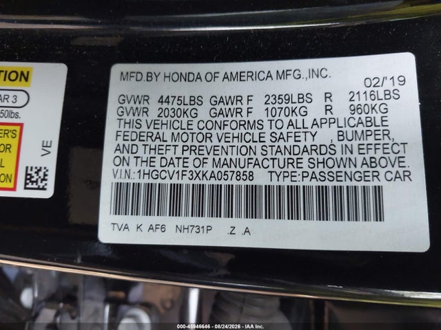 2019 Honda Accord Sport მანქანა იყიდება აუქციონზე, vin: 1HGCV1F3XKA057858, აუქციონის ნომერი: 45946646
