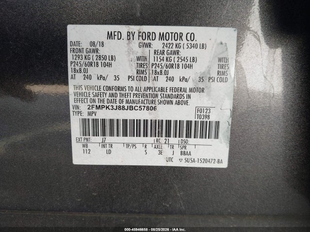 Продажа на аукционе авто 2018 Ford Edge Sel, vin: 2FMPK3J88JBC57806, номер лота: 45946658