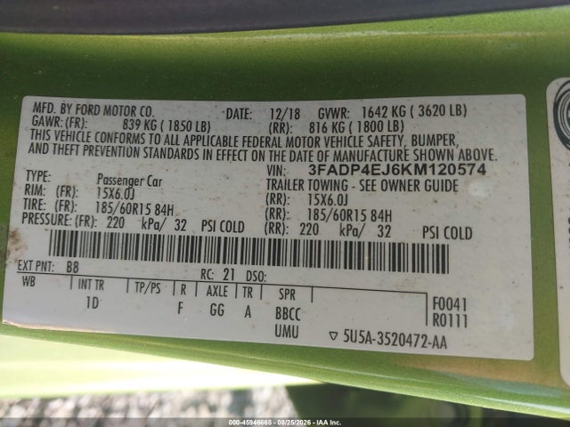 45946665 :رقم المزاد ، 3FADP4EJ6KM120574 vin ، 2019 Ford Fiesta Se مزاد بيع