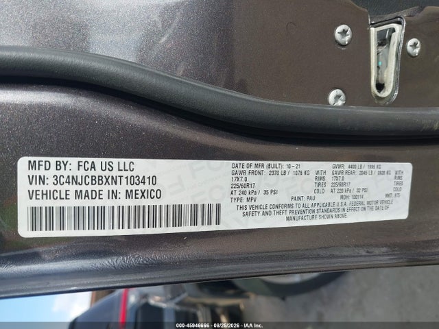 Продаж на аукціоні авто 2022 Jeep Compass Latitude Fwd, vin: 3C4NJCBBXNT103410, номер лоту: 45946666
