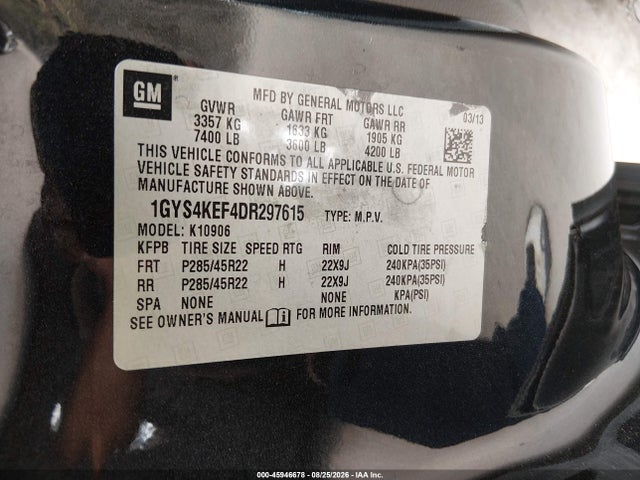 45946678 :رقم المزاد ، 1GYS4KEF4DR297615 vin ، 2013 Cadillac Escalade Esv Platinum Edition مزاد بيع