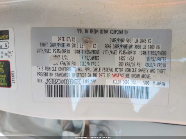 45946681 :رقم المزاد ، JM3TB2CVXC0364920 vin ، 2012 Mazda Cx-9 Touring مزاد بيع
