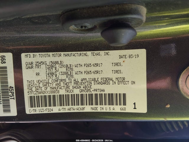 Aukcja sprzedaży 2019 Toyota Tacoma Trd Sport, vin: 5TFCZ5AN2KX188038, numer aukcji: 45946682