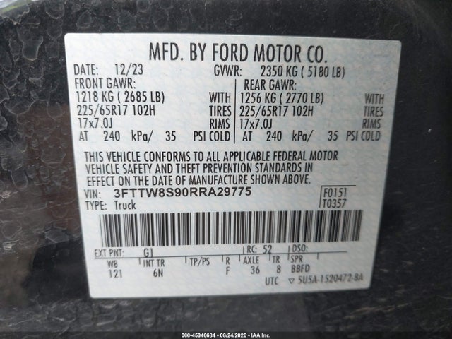 Aukcja sprzedaży 2024 Ford Maverick Lariat, vin: 3FTTW8S90RRA29775, numer aukcji: 45946684
