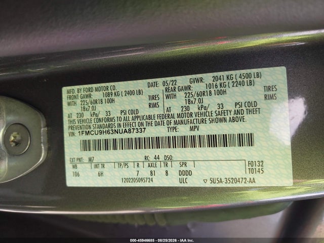 Продажа на аукционе авто 2022 Ford Escape Sel, vin: 1FMCU9H63NUA87337, номер лота: 45946685