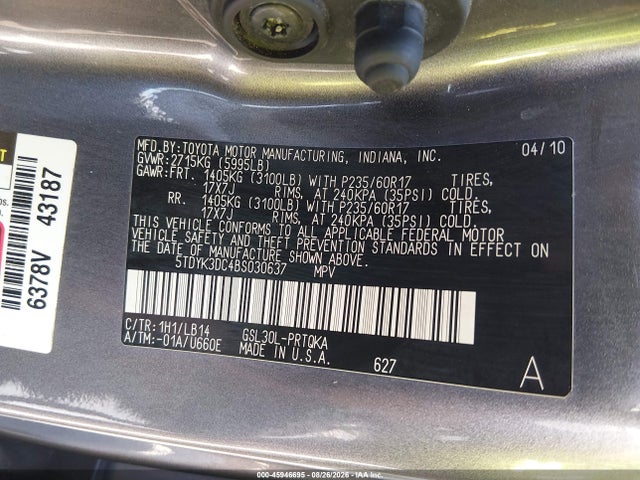 Продаж на аукціоні авто 2011 Toyota Sienna Xle V6, vin: 5TDYK3DC4BS030637, номер лоту: 45946695