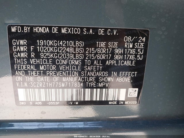 2025 Honda Hr-v 2wd Ex-l მანქანა იყიდება აუქციონზე, vin: 3CZRZ1H77SM717834, აუქციონის ნომერი: 45946701