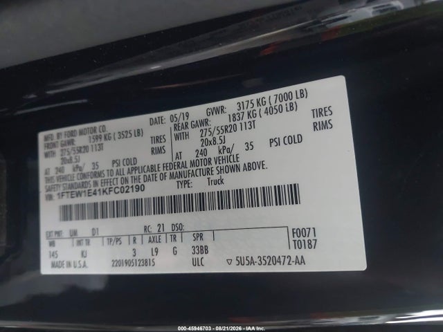 Продаж на аукціоні авто 2019 Ford F-150 King Ranch, vin: 1FTEW1E41KFC02190, номер лоту: 45946703