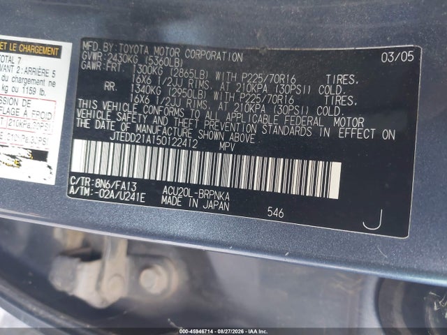 Aukcja sprzedaży 2005 Toyota Highlander, vin: JTEDD21A150122412, numer aukcji: 45946714