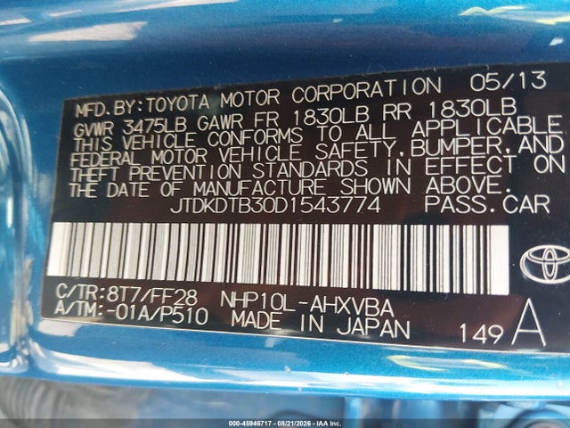 45946717 :رقم المزاد ، JTDKDTB30D1543774 vin ، 2013 Toyota Prius C Two مزاد بيع