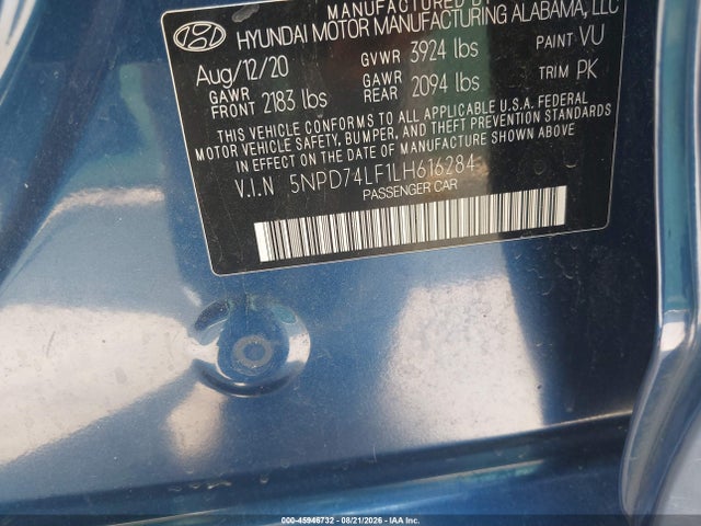 45946732 :رقم المزاد ، 5NPD74LF1LH616284 vin ، 2020 Hyundai Elantra Se مزاد بيع