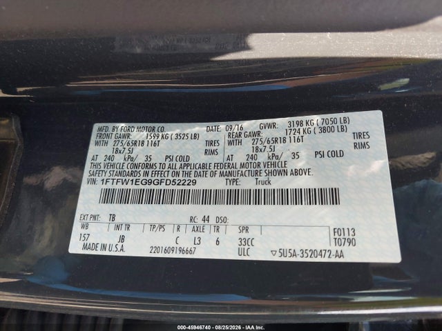 Продаж на аукціоні авто 2016 Ford F-150 Xlt, vin: 1FTFW1EG9GFD52229, номер лоту: 45946740