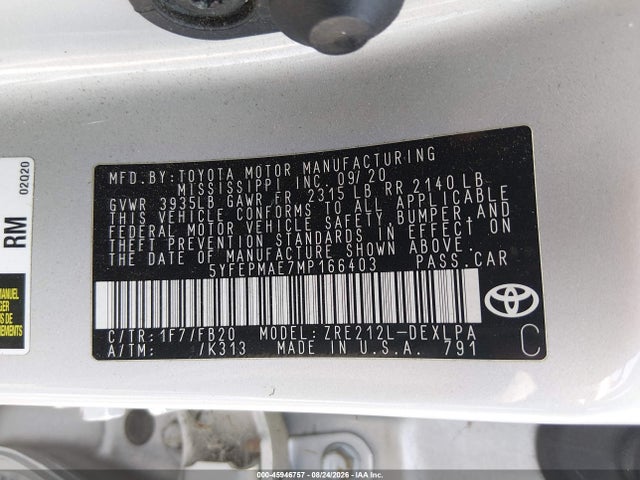Aukcja sprzedaży 2021 Toyota Corolla Le, vin: 5YFEPMAE7MP166403, numer aukcji: 45946757