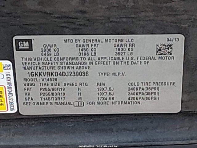 45946758 :رقم المزاد ، 1GKKVRKD4DJ239036 vin ، 2013 Gmc Acadia Slt-1 مزاد بيع