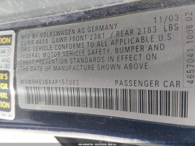 45946766 :رقم المزاد ، WVWRH63BX4P157063 vin ، 2004 Volkswagen Passat Glx مزاد بيع