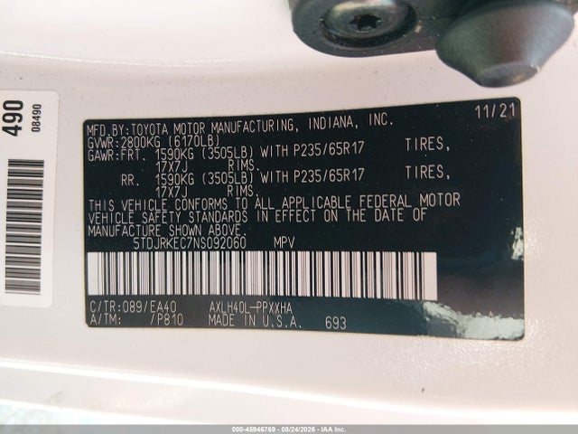 2022 Toyota Sienna Xle მანქანა იყიდება აუქციონზე, vin: 5TDJRKEC7NS092060, აუქციონის ნომერი: 45946769