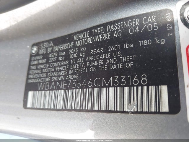 45946806 :رقم المزاد ، WBANE73546CM33168 vin ، 2006 Bmw 530i مزاد بيع