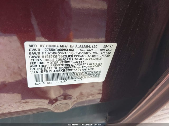 Продаж на аукціоні авто 2011 Honda Pilot Ex-l, vin: 5FNYF4H5XBB091680, номер лоту: 45946814