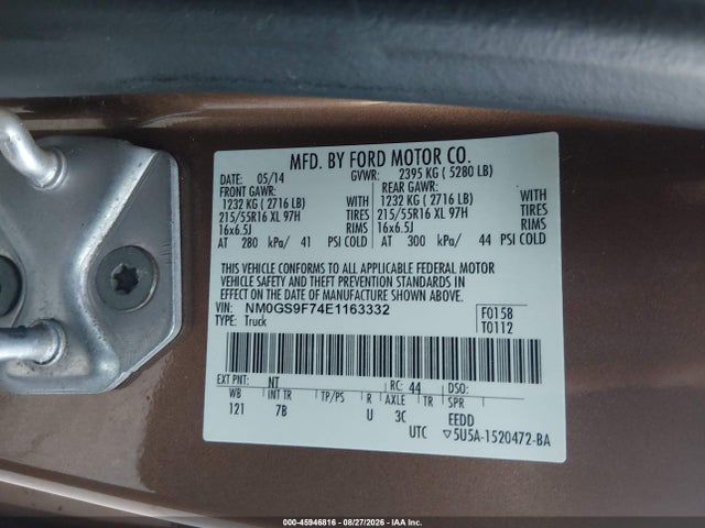 45946816 :رقم المزاد ، NM0GS9F74E1163332 vin ، 2014 Ford Transit Connect Xlt مزاد بيع