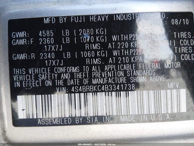 2011 Subaru Outback 2.5i Limited მანქანა იყიდება აუქციონზე, vin: 4S4BRBKC4B3341738, აუქციონის ნომერი: 45946821