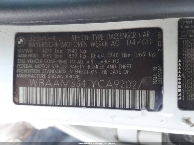 Aukcja sprzedaży 2000 Bmw 323i, vin: WBAAM3341YCA92027, numer aukcji: 45946838