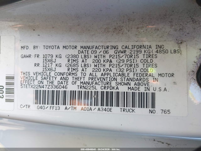 Auction sale of the 2007 Toyota Tacoma, vin: 5TETX22N47Z336046, lot number: 45946848