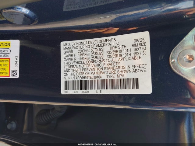 2026 Honda Cr-v Hybrid Awd Sport Touring მანქანა იყიდება აუქციონზე, vin: 7FARS6H91TE038404, აუქციონის ნომერი: 45946853